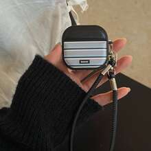 Retro High-End Blue & Black Striped Lanyard Earphone Case Compatible With AirPods Pro 2, Cute Protective Cover Compatible With Apple 3/4, Minimalist Design Compatible With Airpods 1/2, Suitable For Women - Black - View 3