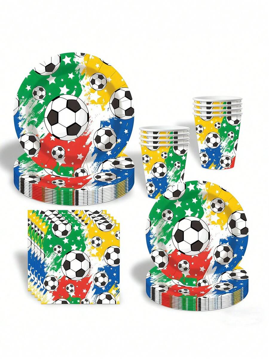 10件套足球主题派对用品，包括纸盘、餐巾纸、纸杯、派对小礼物、餐盘和甜点盘，适合男孩足球主题生日派对装饰。 - 彩色 - 查看 1