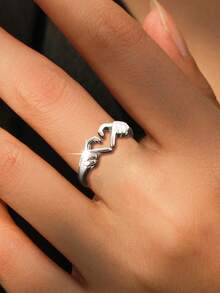 1pc S925 Sterling Silver Personalized European & American Style Creative Heart Ring, Women's Niche Design Double Heart-Shaped Open Ring, Minimalist Chic Romantic Versatile Gift - Love - View 4