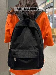 1 pieza Mochila blanca de unicolor con estilo escolar minimalista y casual, con compartimento para portátil, gran capacidad para portátil de 16 pulgadas, material de pana, correas ajustables, diseño de múltiples bolsillos, ligera y portátil, con cremallera y colgante de nube esponjosa, adecuada para graduados, adolescentes, chicas jóvenes, estudiantes universitarios, viajes al aire libre, estudiantes de secundaria/preparatoria - Negro - Ver 2