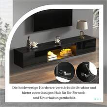 High-Gloss Wall-Mounted TV Cabinet, 160*31*22 Cm, With LED Lighting, Low Cabinet, TV Table, TV Stand, TV Chest, Wall-Mounted TV Mount, For 70-Inch TVs, 35 Kg Load Capacity, Black - Black - View 4