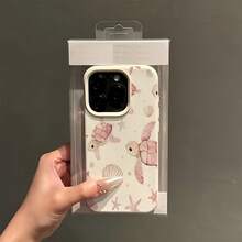 1个白色荔枝纹理哑光极简镜头保护手机壳，饰有粉色海龟、海星、贝壳图案，兼容 16 Pro Max、17/16/15/14 Plus、13/12/11、Air系列 - 彩色 - 查看 4