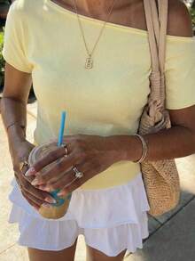 女士休闲黄色露肩针织上衣，适合度假、情人节及日常穿着 - 黃色 - 查看 11