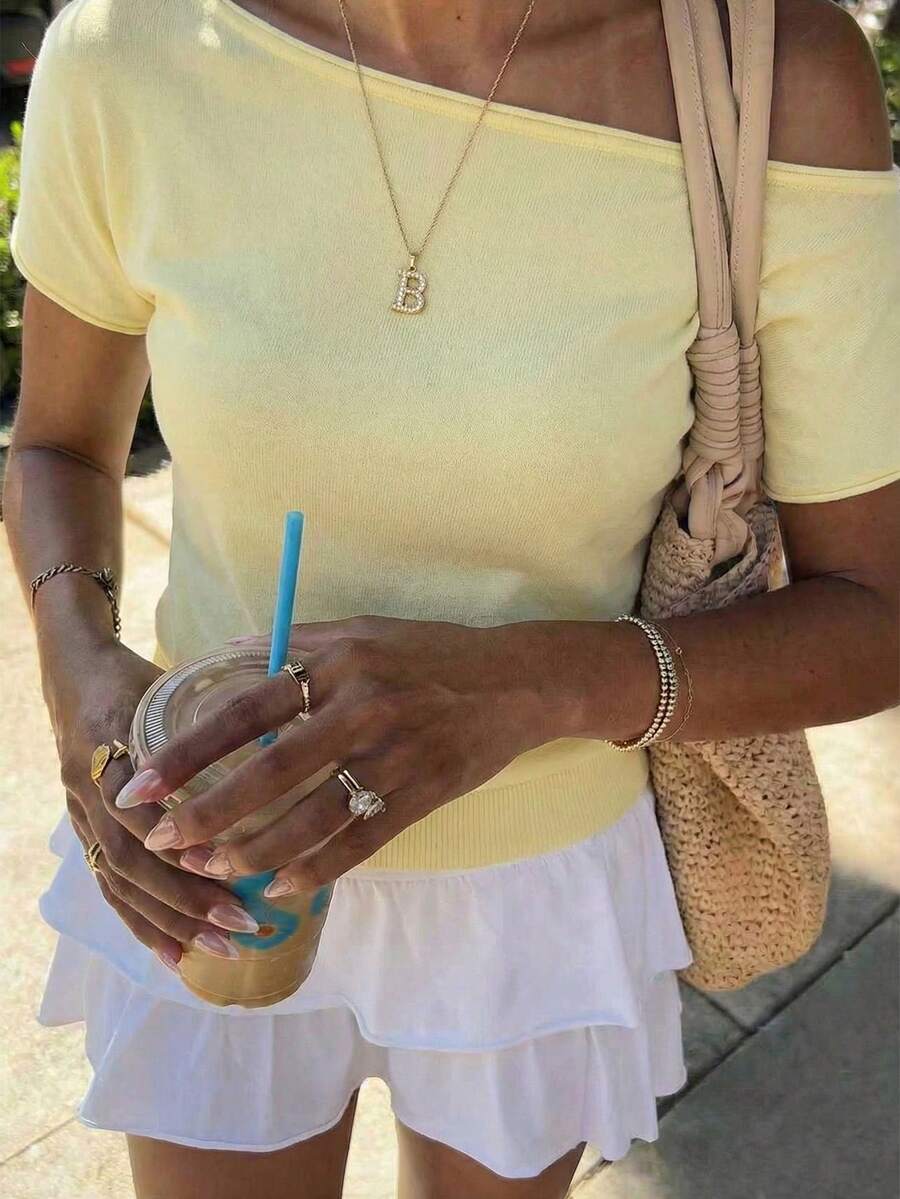 Women's Casual Yellow Off-Shoulder Knit Top, Suitable For Vacation And Valentine's Day Everyday Wear - Yellow - View 1