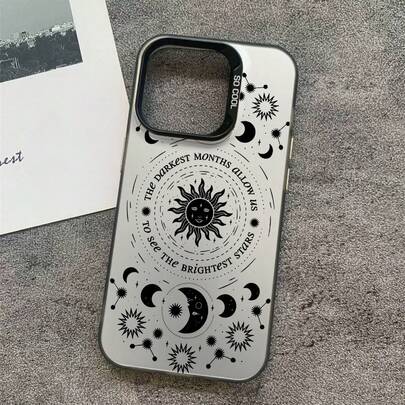 1件装 时尚日月图腾图案奢华渐变黑银硅胶软边亚克力硬背加厚PC金属按键保护手机壳，兼容/红米/VIVO/OPPO