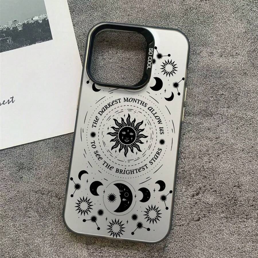 1件装 时尚日月图腾图案奢华渐变黑银硅胶软边亚克力硬背加厚PC金属按键保护手机壳，兼容/红米/VIVO/OPPO - 黑色 - 查看 1