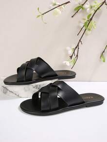 新款春夏女士巧克力棕色人字拖，圆头平底凉鞋，休闲室内外皆宜的套脚拖鞋 - 黑色 - 查看 7