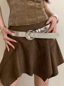 女士银色月亮扣皮带一条，百搭牛仔裤配饰，纯色皮革腰带 - A - 查看 1