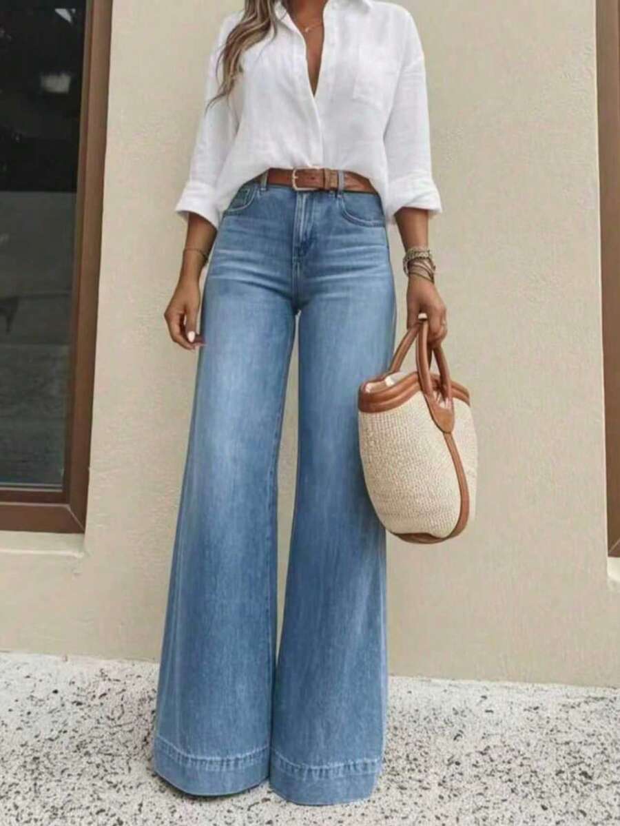 Quần jeans ống đứng dáng rộng, thoải mái, đa năng dành cho bé gái và thanh thiếu niên. - Rửa trung bình - Xem 1