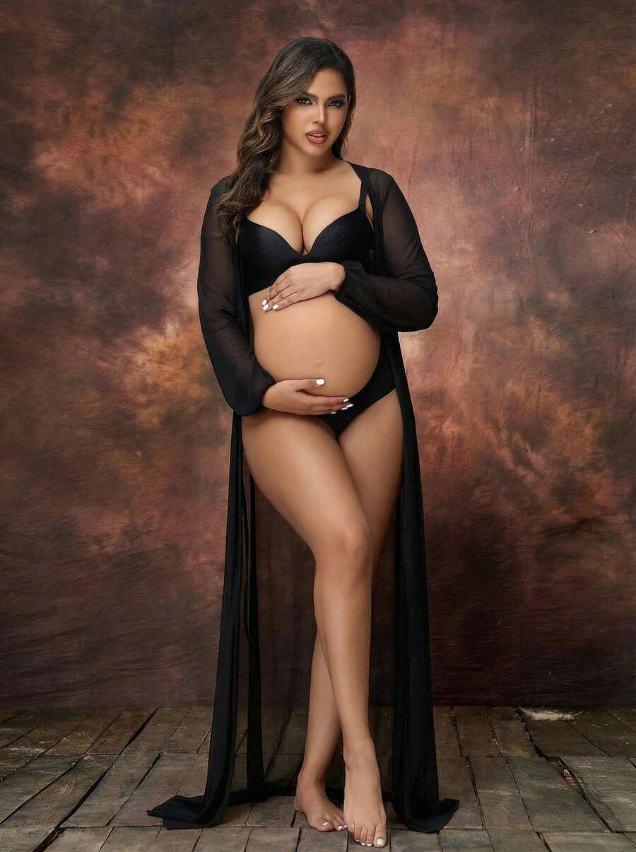 Irresista Maternity Lantern Sleeve Mesh Robe Photography See-Through Gown Maxi Dress For Photoshoot - White - View 1