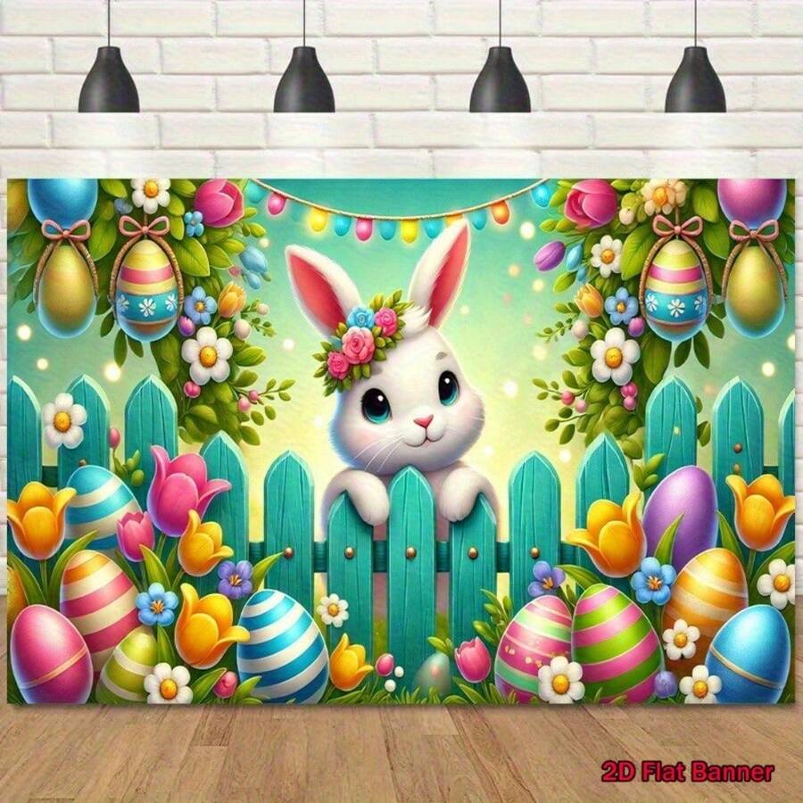 1 pièce Bannière plate 2D Lapin de Pâques Jardin de printemps avec tulipes et œufs pastel - rose clair, jaune, bleu, violet, vert, blanc et orange. Décoration de fête de Pâques intérieure/extérieure, toile de fond pour chasse aux œufs de Pâques, fourniture murale pour mariage d'anniversaire à la maison - sans alimentation électrique, design plat 2D