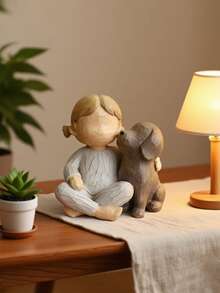 Girl Hugging Dog Sculpture - Rustic Style Resin Figurine Home Decor, Suitable For Living Room, Desk And Shelves - Multicolor - View 1