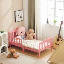 Wooden Baby Toddler Bed Children Bedroom Furniture With Safety Guardrails White - 粉色 - 查看 6