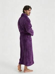 1pc Flannel Couple Robe, Loose Fit, Soft, Dual Pockets, Crew Neck, Warm Lining, Suitable For Home Wear, Spring/Autumn/Winter - Purple - View 7