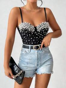 Handmade Faux Pearl Versatile Backless Camisole Top, Fashionable Resort Style Casual Black Summer - Black - View 3