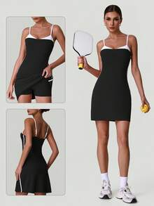 Women's Contrast Color Adjustable Spaghetti Strap Yoga Tennis Sports Dress Built-In Tummy Control Shorts - Black - View 4
