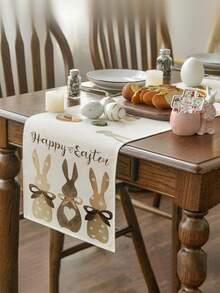1 pieza Camino de mesa de lino para Pascua, con diseño de conejito de Pascua y huevos, diseño floral cálido, disponible en varios tamaños, adecuado para comedor del hogar, decoración de cocina, decoración del hogar, fiestas al aire decoración de restaurantes, con apariencia de lino texturizado - Blanco - Ver 3