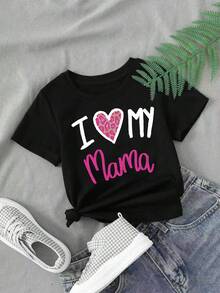 Young Girl Round Neck Letter & Heart Print Casual Versatile Daily Short Sleeve T-Shirt - Black - View 1