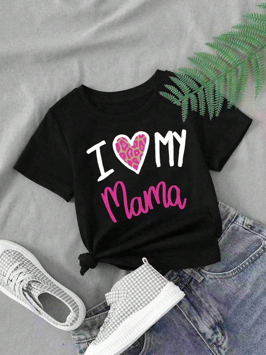 Young Girl Round Neck Letter & Heart Print Casual Versatile Daily Short Sleeve T-Shirt - Black - View 1