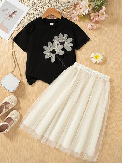 2pcs/Set Girls Casual Solid Color Dropped Shoulder Floral Decor T-Shirt And A-Line Mid-Length Skirt, Summer
