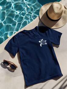 Tween Girl Soft & Comfortable Sea Turtle Print T-Shirt, Suitable For Daily Wear And Vacation In Summer - Navy Blue - View 7