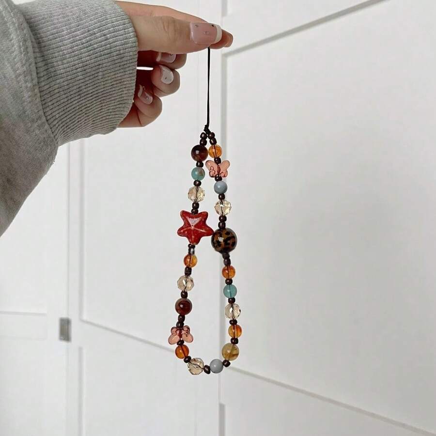 海星手机挂绳，复古棕色豹纹链条腕带水晶串珠蝴蝶吊坠，新款时尚CCD相机配件，防丢腕带，兼容安卓及大多数智能手机，送给母亲、家人、朋友、孩子、生日、节日的礼物 - 紅色 - 查看 1