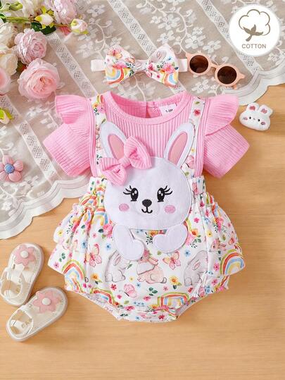 Baby Girl Pink Short Sleeve Patchwork Rainbow Floral Cartoon Animal Print & Rabbit Embroidery Bodysuit With Headband