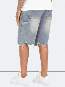 Light Blue Frayed Hem Denim Shorts, Straight Leg Casual Shorts With Asymmetrical Frayed Hem And Natural Fading, Versatile Fashionable Style For All Seasons - 藍色 - 查看 6