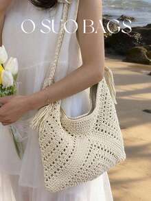 2026 New Spring/Summer Solid Color Woven Tassel Shoulder Bag, Fashionable Crochet Crossbody Bag Suitable For Beach Vacation And Daily Use - Beige - View 4