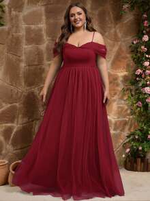 Plus Tulle Off The Shoulder Dress For Wedding Guest Evening Party - Red - View 5
