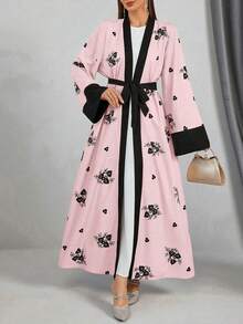 Women's Elegant Floral Print Colorblock Belted Abaya, Vacation Long Boho Modest Robe - Pink - View 1