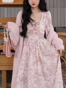 Women's Pink Floral Lace Patchwork Square Neck Long Sleeve Maxi Dress, Ruffle Hem, Detachable Bow, High Waist Slim Dress, Elegant Dress For Dating, Party, Vacation, Easter Outfit, Women's Summer Clothes - Hồng - Xem 6
