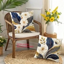 4pcs Blue & Gold Floral Print Pillow Covers (Printed, Not Embroidered), Modern Luxury Floral Pattern, Bohemian Style Polyester Fabric Single-Sided Printed Pillow Shams With Zipper Closure, No Pillow Insert Included, Suitable For Spring/Summer Sofa & Living Room Decor - Multicolor - View 5