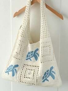 Women's Summer Beach Tote Bag - Crochet Design With Sea Turtle Pattern, Large Capacity Open-Top Tote, Beige Polyester, Suitable For Casual Outings And Coastal Vacations, Beach Tote Bag, Travel Accessory, Bohemian Fashion, Woven Texture, Spacious Tote Bag, Essential For Vacation, Ideal For Work, Back To School , Bohemian Outfit For Women , Beach Bag , Crochet, Holiday - 白色 - 查看 12