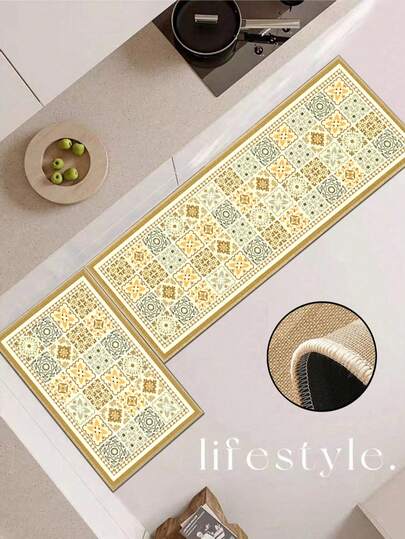 3.5毫米厚复古宫廷风格厨房地垫，柔软橡胶亚麻厨房地毯，吸水性强，易于清洁，带包边，亚麻表面，海绵中间层，橡胶底，适用于厨房、浴室、洗衣房、玄关、客厅等场所。