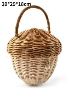 Cesta de almacenamiento con tapa, organizador de almacenamiento tejido, cestas de hongos de ratán hechas a mano, caja decorativa de escritorio, bolsa de mano, artículos para el hogar - piñas mini - Ver 7