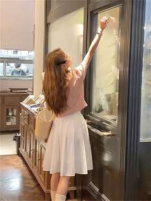 优雅休闲度假风A字裙，弹力腰带，纹理面料，显瘦，夏季穿着。 - 白色 - 查看 4