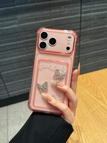 粉色防震卡槽钻石蝴蝶手机壳，适用于 17/17 Pro Max/17/17 Air/17 Pro/16/16 Pro/16 Pro Max/16 Plus、A26 5G、A56 5G、S24 FE、A24 5G、A16、S25、S25 Plus、S25 Ultra、A34、A06、S23 FE、16e - 粉紅色卡包鑽蝴蝶 - 查看 8