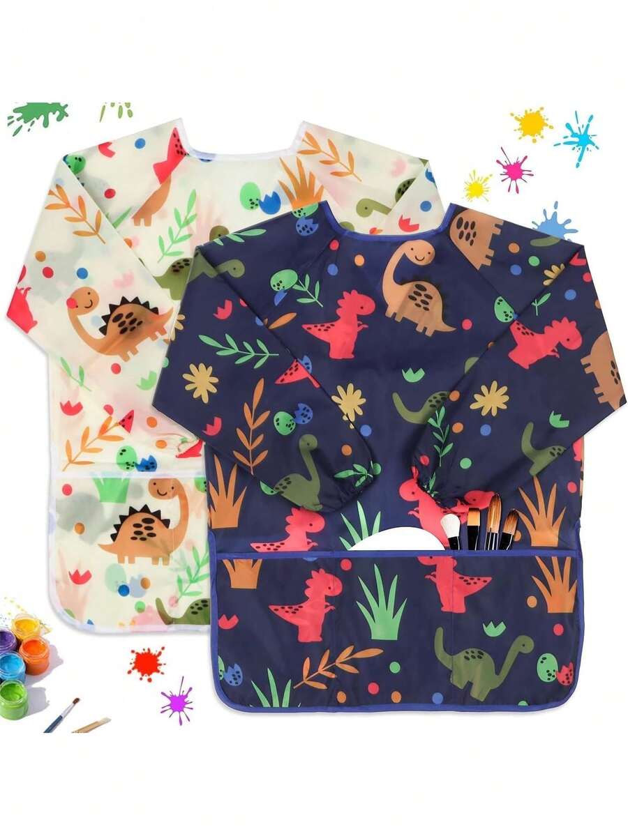 Delantales para Niños, ANNIEMOOM 2 Piezas delantal para pintura artística lavable mangas largas con 3 bolsillos para dibujar, bata de arte para niños Impermeable para 2-8 Años,40853767 - Beis - Ver 1