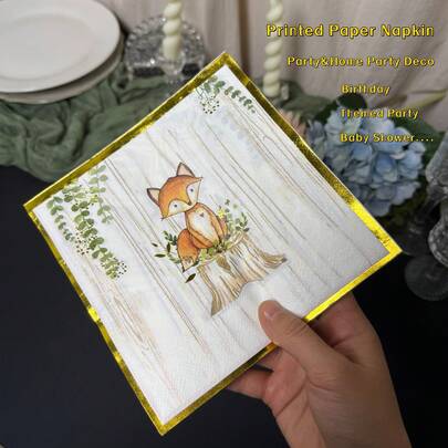 20张狐狸卡通图案一次性餐巾纸，适用于节日派对餐桌，金色烫印搭配优雅绿叶图案，午餐餐巾纸，适用于家庭、酒店、餐厅、生日、婚礼、春夏派对装饰、派对用品