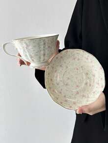 1set Retro Gold-Painted Ceramic Coffee Cup & Saucer, Hand-Painted Pink Floral Pattern, Elegant Afternoon Tea/Coffee Set, High-Quality Mug For Office, Holiday Gift Back To School - Multicolor - View 6