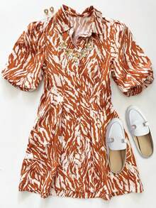 Casual Vacation Zebra Print Puff Sleeve Collared Button Down Dress For Introverted Women, Spring/Summer - Burnt Orange - View 1