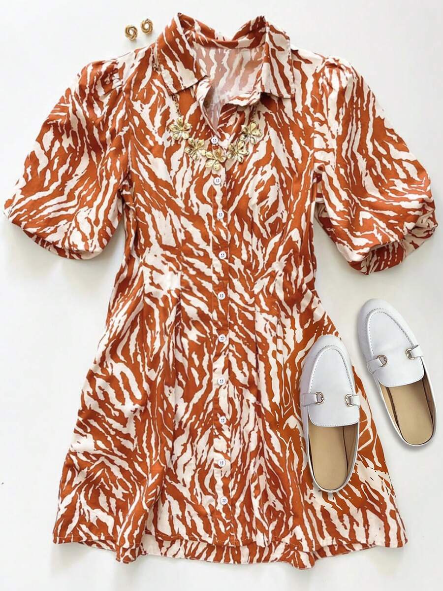 Casual Vacation Zebra Print Puff Sleeve Collared Button Down Dress For Introverted Women, Spring/Summer - Burnt Orange - View 1