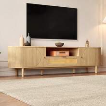 Modern TV Cabinet With Rattan Drawers With Open Compartments, Rounded Tabletop, Metal Legs In Wood Look, Multifunctional Living Room Furniture.