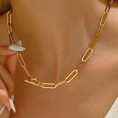 Ovalt tjockt kedjehalsband | Halsband med metalltextur och T-spänne | Lyxig nisch | Mångsidiga exklusiva smycken för vardag och sammankomster | Hypoallergent rostfritt stål | Blekningsfri och icke-oxiderande | Pendlings- och festaccessoar