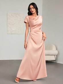 Elegant Champagne-Pink A-Line Dress – Asymmetric Shoulder Pleats, Button-Front Design, Ideal For Weddings, Prom & Dates Wedding Guest Dress For Women Weddings & Events Luxury Evening Dresses For Weddings Elegant Dresses For Party Ramadan Dress - Pink - View 6