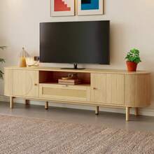Modern TV Unit With Rattan Drawers With Open Compartments, Rounded Top, Wood Effect Metal Legs, Multifunctional Living Room Furniture.