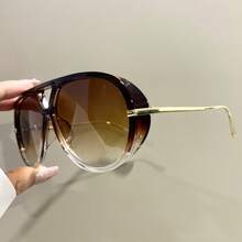 Minimalist Fashion Double-Bridge Frog Glasses, Metal Temples And PC Lenses, Unisex Casual Glasses. - 漸變棕 - 查看 13
