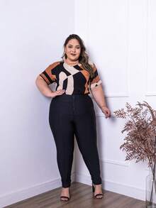 leggings PLus  Couro PU    Zíper  Bolso  Botão    Praia    Primavera - Preto - Visão 3