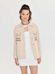 Everyday Gabardine Shirt With Embroidered And Tassel Details - Champagne - View 3